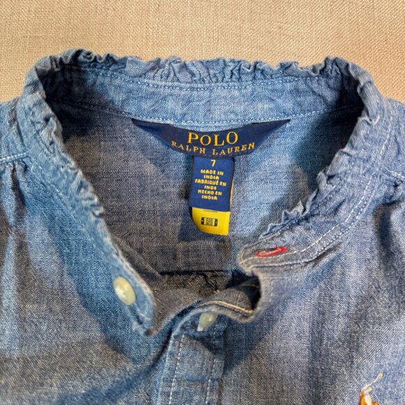 Ralph Lauren Polo Girls Chambray Denim Dress Size 7 Long Sleeve Ruffle Hem - Picture 5 of 9